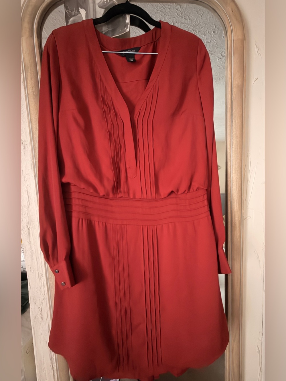 White House Black Market Rust Red Pleated Waist Long-Sleeve Dress